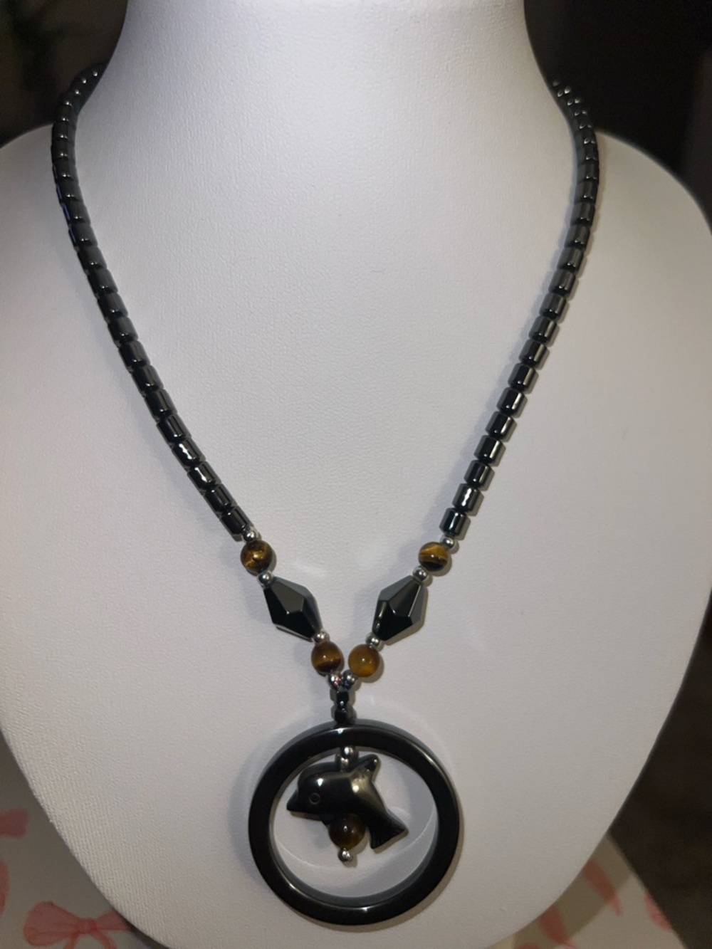 Hematite and Tiger Eye Dolphin Pendant Necklace - Black